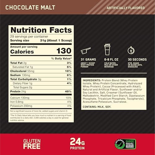 Optimum Nutrition Gold Standard 100% Whey Protein Powder, Chocolate Malt, 2 Pound (Packaging May Vary)