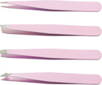 4 Piece Pink Professional Precision Tweezers Set, Stainless Steel Eyebrow Plucker Tweezers Travel Bag, High Precision Tweezers for Facial Hair/Chin/Ingrown Hair Removal