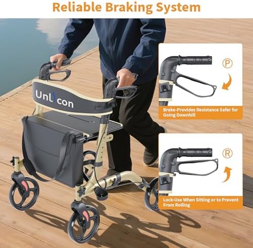 Rollator Walkers for Seniors Folding Rollator Walkers with Seat and Four 8 inch Wheels Medical Rollator Walker with Comfort Handles and Thick Backrest Aluminium Frame,Champagne