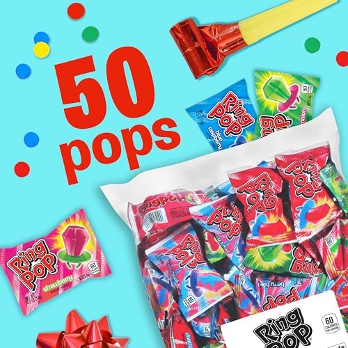 Ring Pop Lollipops - Bulk Candy Individually Wrapped Suckers Variety Party Pack- 50 Count w/Assorted Flavors - Hard Candy for Party Favors, Kids & Goodie Bags