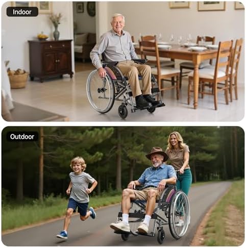 Lightweight Folding Wheelchair for Adults Seniors, Self-Propelled Manual Chair Portable Transport Wheelchair with 24" Large Wheel, Swing-Away Footrest, Flip-Back Arm Support to 300lb, No Install Gray