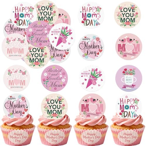 36pcs Edible Happy Mother's Day Cupcake Toppers Pink Wafer Paper Love Mom Thank You Mom Cupcake Picks Edible Flower Mother’s Day Cake Toppers for Best Mom Mother's Day Theme Party Supplies