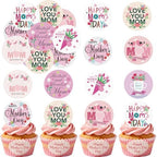 36pcs Edible Happy Mother's Day Cupcake Toppers Pink Wafer Paper Love Mom Thank You Mom Cupcake Picks Edible Flower Mother’s Day Cake Toppers for Best Mom Mother's Day Theme Party Supplies