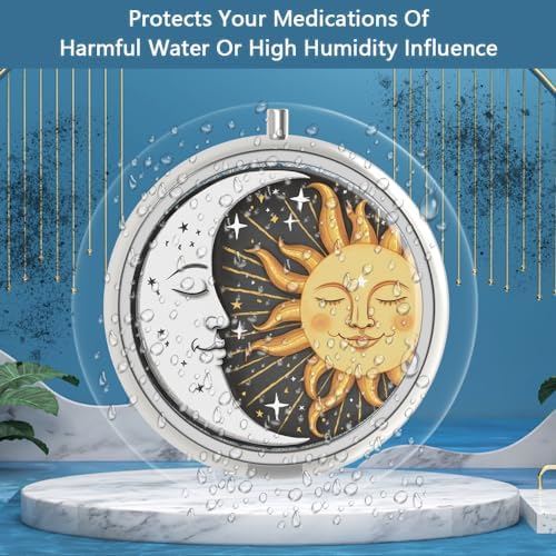 Pill Box 3 Compartment Small Pill Case,Portable for Pocket or Purse Pill Organizer Pill Container Holder to Hold Vitamins, Medication, Fish Oil and Supplements(Sun and Moon)