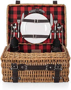Picnic TIME Champion Picnic Basket for 2, Large Wicker Hamper Set with Cutlery Service Kit (Red & Black Buffalo Plaid Pattern)