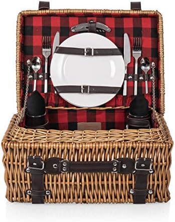 Picnic TIME Champion Picnic Basket for 2, Large Wicker Hamper Set with Cutlery Service Kit (Red & Black Buffalo Plaid Pattern)