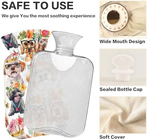 Watercolor Cute Funny Dogs Classic Hot Water Bottle with Cover 1L Hot Water Bag Hot Water Bed Warmer for Tummy Cramps Neck and Shoulder Waist Pain Relief