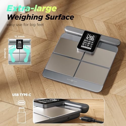 RunStar Scale for Body Weight and Fat Percentage, 8-Electrodes Precision Digital Smart Scale for BMI 28 Body Composition Measurement, Silver Bathroom Smart Scales with Large Display