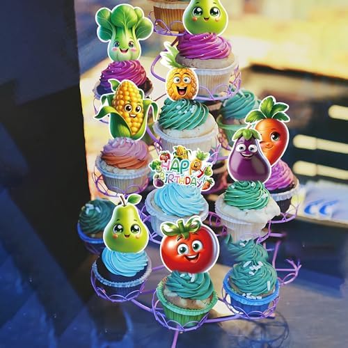 48Pcs Edible Fruit Birthday Cupcake toppers Wafer Paper Dancing Fruit Birthday Decorations for Baby Shower Wedding Party Decorations