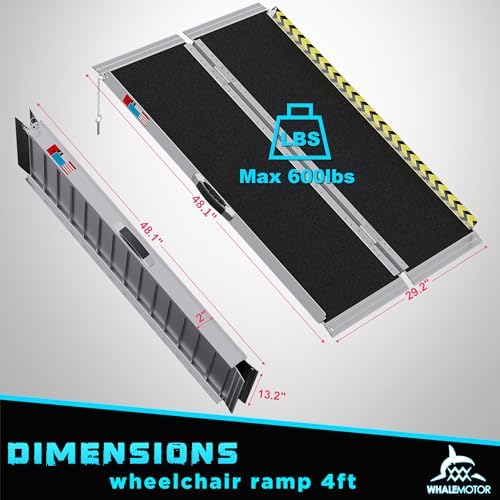 Portable Wheelchair Ramp 4FT, Anti-Slip Aluminum Folding Portable Ramp, Wheelchair Ramps for Home, Weight Capacity Up to 800 LBS, with Transition Plates Above and Below, Loading Dock Plates