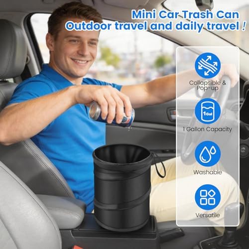 2 Pack Mini Trash Can for Car, Leakproof Pop-Up Car Trash Can with Hanging Loop, Washable Small Garbage Can Hanging Automotive Garbage Cans Trash Bin for Truck Auto SUV Vehicle RV Camping, 1 Gallon
