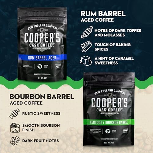 Bourbon & Whiskey Barrel Aged Coffee Box Set - 4-Bag Roasted Coffee Sampler - Bourbon Colombian, Malt Whiskey Sumatra, Rye Whiskey Ethiopian, Rum Barrel Rwanda, (Ground, 4 Ounce (Pack of 4))