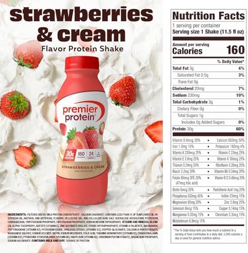 Premier Protein Shake, Strawberries & Cream, 30g Protein, No Added Sugar, 24 Vitamins & Minerals to Support Immune Health, 11.5 fl oz, 12 Pack