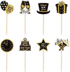 24 Pack Black Gold 2026 Happy New Year Cupcake Toppers in 8 Types Muffin Cake Toppers for New Years Eva Party Favor Supplies (Pattern-3)