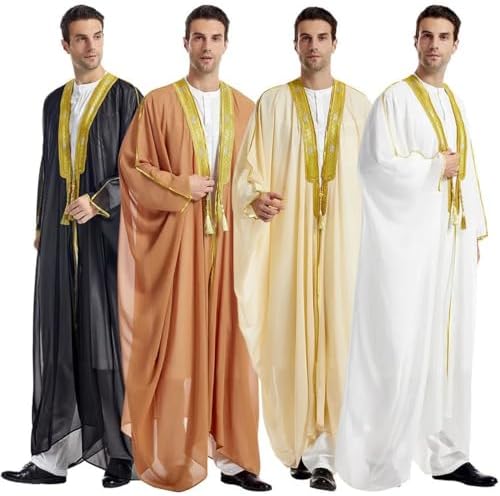 Men Muslim Arabic Embroidery Long Sleeve Chiffon Robe Dubai Turkey Abaya Cardigan Patchwork Kaftan
