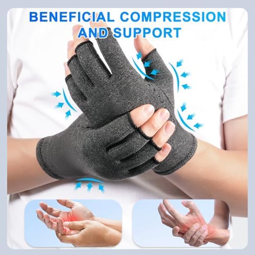 DRNAIETY 2 Pairs Arthritis Compression Gloves- for Hand Arthritis, Carpal Tunnel Pain, Rheumatoid Arthritis, RSI, Fingerless, Anti-Slip, Breathable Gloves for Men & Women, Typing, Daily Use(S, Gray)