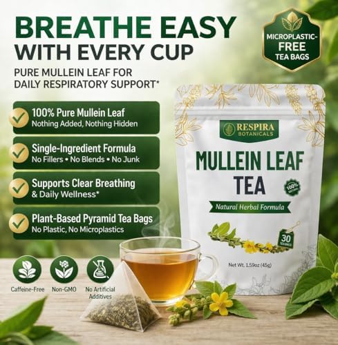 Respira Botanicals - Mullein Leaf Tea Bags for Lungs Cleanse and Respiratory Support, Plastic-Free, Plant-Based Tea Bags, Caffeine-Free, No Additives & Non-GMO, 30 Tea Bags