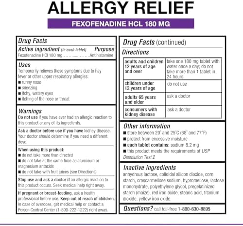 Puregen Labs Allergy Relief, Fexofenadine 180mg, 100 Tablets – 24 Hour Non-Drowsy Antihistamine Allergy Medicine for Runny Nose, Sneezing, Itchy, Watery Eyes