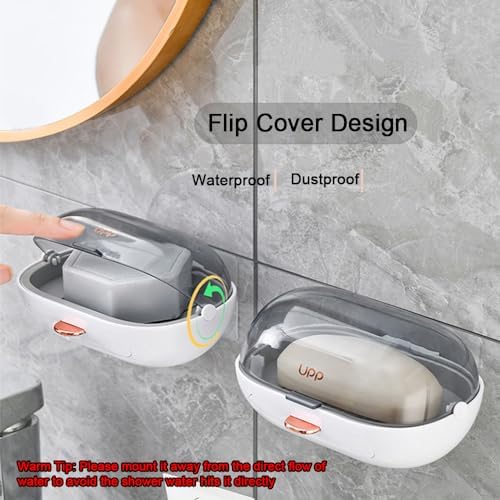 2 Pack Shower Soap Dish Holder with Lid, Bar Soap Holder with Drain, Wall Mounted Soap Box Container for Shower, Bathroom, Bathtub, Kitchen Sink, Adhesive Included
