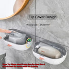 2 Pack Shower Soap Dish Holder with Lid, Bar Soap Holder with Drain, Wall Mounted Soap Box Container for Shower, Bathroom, Bathtub, Kitchen Sink, Adhesive Included