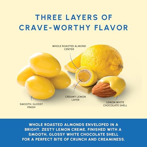 Snackathon Lemon Creme White Chocolate Covered Almonds, 7 oz Resealable Bag, Whole Roasted Almonds Coated in Lemon Cream and White Chocolate, Crunchy Citrus Nut Snack, Made in USA