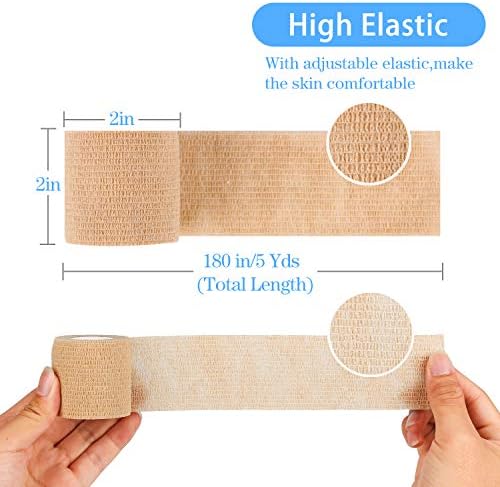 12 Pack Self Adherent Cohesive Wrap Bandages 2 Inches X 5 Yards,First Aid Tape, Elastic Self Adhesive Tape, Athletic, Sports wrap Tape, Bandage Wrap for Sports, Wrist, Skin Colour Athletic Tape