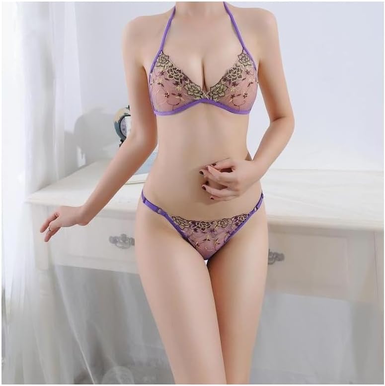GRAYDREAM Women's Sexy Lingerie Cute Girl Mesh Embroidered Underwear French Lace Up Bra Panties Two-piece Set