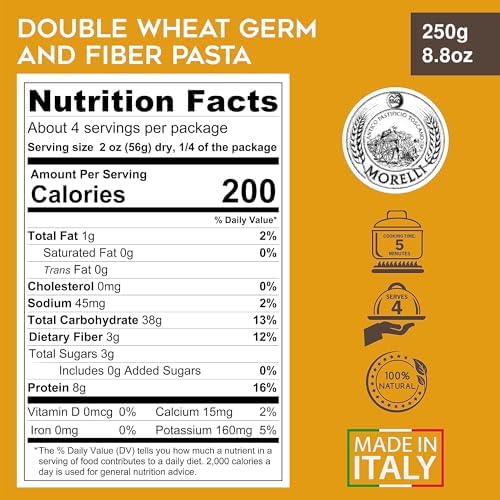 Morelli Mafalda Pasta, High Fiber Mafaldine Pasta, Imported from Italy (Ricciolina, Reginette With Bran and Double Wheat Germ) - 8.8 oz / 250 g (Pack of 2)
