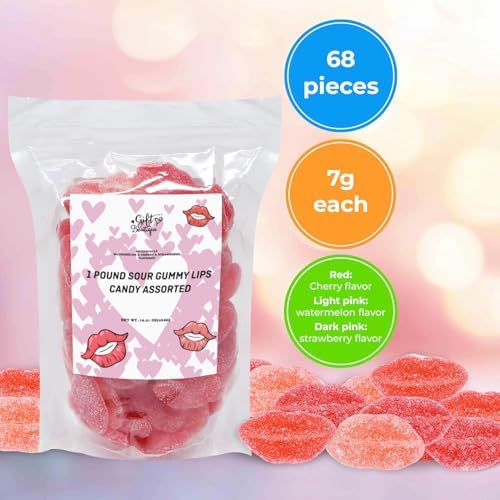 Gift Boutique Valentine Pucker Lips 1 Lb Gummy Lip Candy Assorted 68 Pack Cherry Watermelon Strawberry Flavored Chewy Sugar Sanded Bulk Party Treats