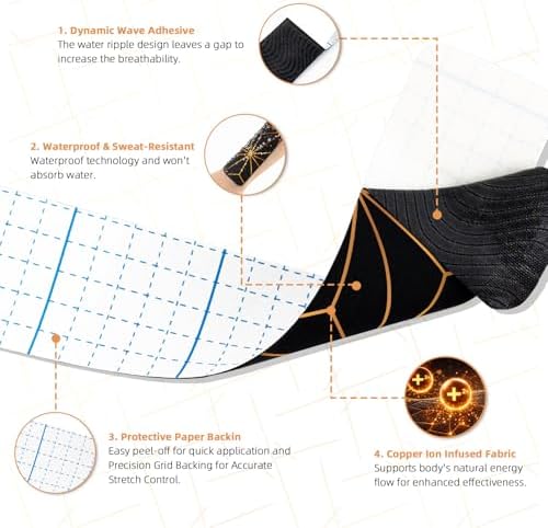MUEUSS Copper Infused Kinesiology Tape, 40 Precut Strips (2 Rolls), Water Resistant Strips, Original Cotton Elastic Athletic Tape for Sports & Weightlifting, Muscle Strain Relief & Joint Support