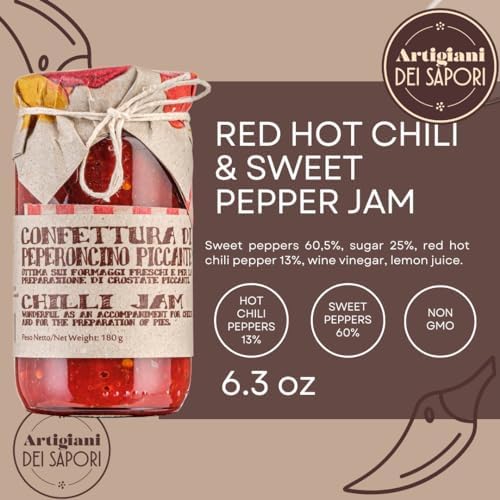 ARTIGIANI DEI SAPORI - Calabrian Red Hot Chili & Sweet Pepper Jam, 6.3 oz, Red Pepper Jelly, Product of Italy