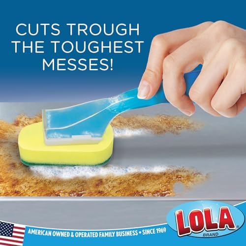 LOLA Dish Brush w/Soap Dispenser Wand, 1 Brush w/Head & 6 Refills, Absorbent Sponge Scrubber, No Leaking. Clean Dishes, Sinks and Cookware