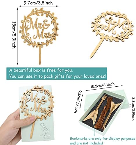 "yueton Mr & Mrs Wooden Cake Topper, Chic Rustic Style Wedding Engagement Cake Topper, Mr and Mrs Wreath Cake Decoration, Wedding Anniversary Party Supplies - with a Gift Box"