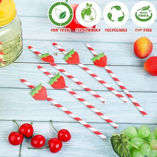 Strawberry Straws, 30 Pack Disposable Drinking Straws Cute Paper Straws with Stripes for Juice, Cocktail, Milkshake, Baby Shower Strawberry Birthday Decorations Strawberry Party Favors - 7.76 Inches