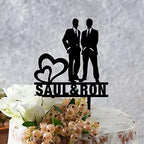 Same Sex Custom Double Heart Rustic Wedding Cake Topper Gay Couple Silhouette Engagement Cake Toppers Two Men In Suits Personalized Cake Topper Homosexual Gay Wedding Decor LGBT Black Acrylic Toppers