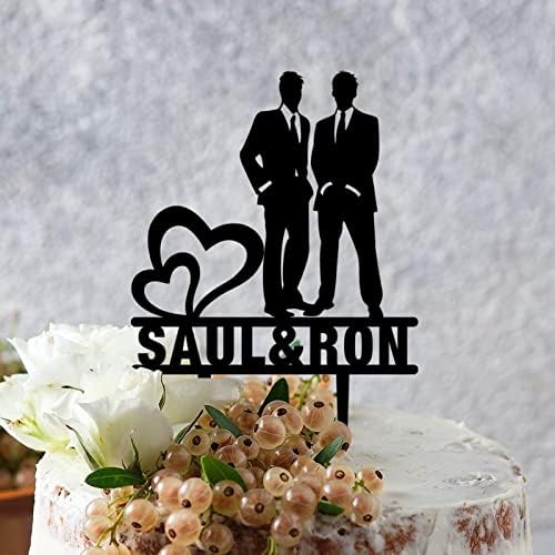 Same Sex Custom Double Heart Rustic Wedding Cake Topper Gay Couple Silhouette Engagement Cake Toppers Two Men In Suits Personalized Cake Topper Homosexual Gay Wedding Decor LGBT Black Acrylic Toppers
