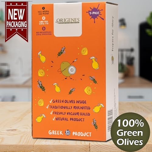 Pack of 4 Green Olives in Vacuum Bag , Marinated Olives in Savory Lemon Juice, Freshly Sealed Olives with Extra Virgin Oil 4X200g