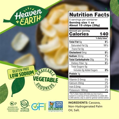 Heaven & Earth Cassava Chips, 5oz (2 Pack) Gluten Free | Non GMO | Low Sodium | Thin & Crisp Root Snack | Kosher