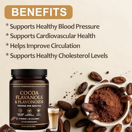 High Flavanol Cocoa Powder – 1200mg Flavanols & Flavonoids per Serving – 10X Concentrated Cocoa Extract with 600mg Epicatechin – Premium Dark Cocoa Nutrition for Daily Use, Gluten Free, Vegan, 5.29 oz (1)