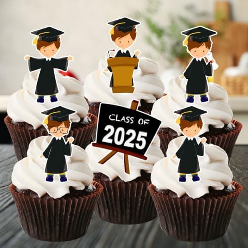 Graduation Boy #1 Edible Cupcake Toppers - Stand Up Wafer Cake Decorations (Pack of 24)