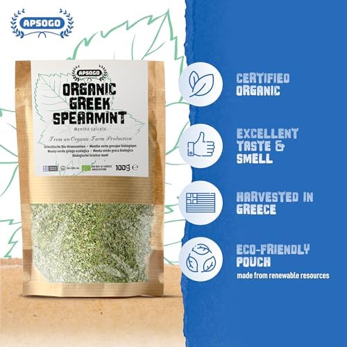 Apsogo Organic Greek Spearmint - Dried Spearmint Leaves for Spearmint Tea Loose Leaf, Herbal Tea & Cooking - Organic Spearmint, Mint Leaves, Naturally Sweet Aroma, Caffeine-Free Mentha Spicata - Resealable Pouch, 3.52 oz