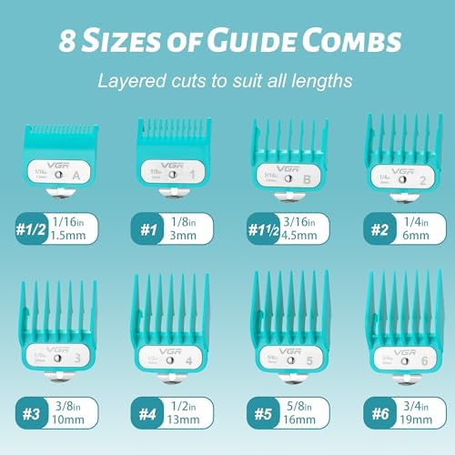 VGR 891 Professional Hair Clipper Attachment Comb Set，8 Pcs Hair Cutting Guide Combs with Limit Comb Rack for Most Hair Clippers，with Metal Clip，from 1/16 Inch to 3/4 Inch(1.5-19mm)