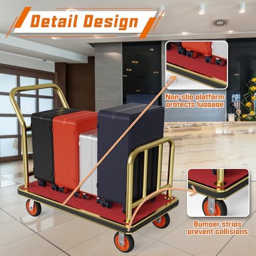 Gold Hotel Metal Classic Luggage Cart 42"x24" Bellman Cart Baffle Guardrail Weight Capacity Up to 850 lbs