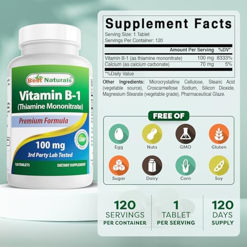 Best Naturals Vitamin B1 as Thiamine Mononitrate 100 mg 120 Tablets (120 Count (Pack of 1))
