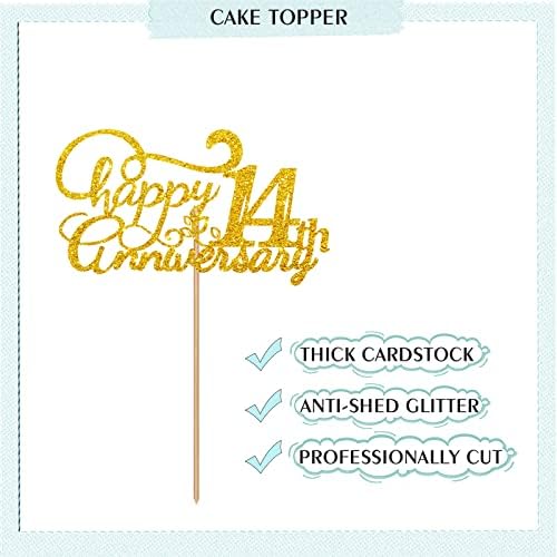 Happy 14th Anniversary Cake Topper, Cheers to 14 Years Birthday Cake Decor, Gold Glitter Cake Decorations for Fourteen Anniversary Wedding Party