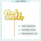 Happy 14th Anniversary Cake Topper, Cheers to 14 Years Birthday Cake Decor, Gold Glitter Cake Decorations for Fourteen Anniversary Wedding Party