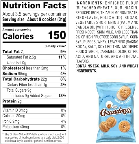 Grandma’s Mini Cookies, Vanilla Sandwich Crème Cookies, 3.71 oz Cookie Bag, (24 Pack) (Packaging May Vary)