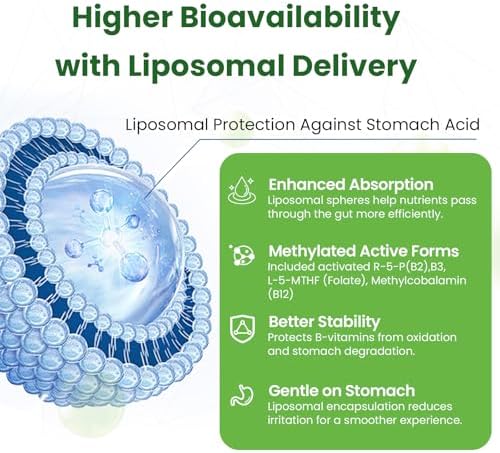 Liposomal B Complex for High Absorption Methylated B12,L-Methyfolate(5-MTHF ),Full Active B Vitamins with Choline Inositol-Energy, Metabolism,Brain & Heart Support，Vegan, Non-GMO,3 Month Supply