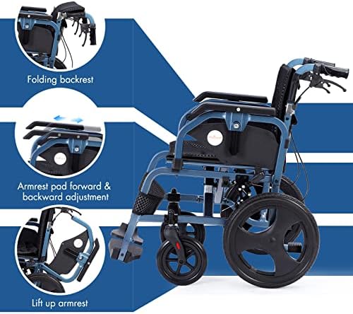 Foldable Lightweight Wheelchair with Handbrakes, Wheelchairs for Adults, Weights Only 28.5 lbs, Durable Square Tube and Flip Up & Height Adjust Armrest (15inch Rear Wheel)