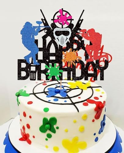 Paintball Cake Topper Decorations for Boys Men Glitter Happy Birthday Decoration Sports Theme Party Supplies